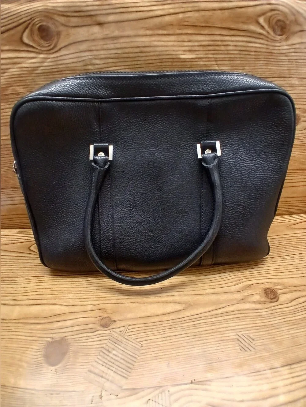 Classic Black Leather Unisex Briefcase with Gold Accent Hardware